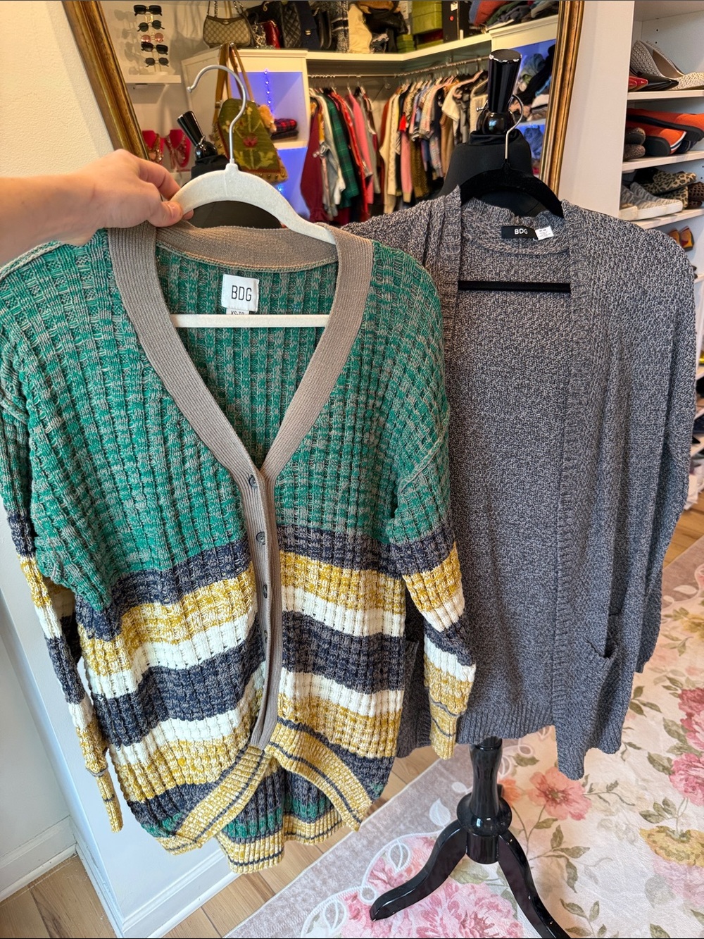 BDG SWEATER BUNDLE!!! Green, Yellow & Gray Striped Ribbed Cardigan